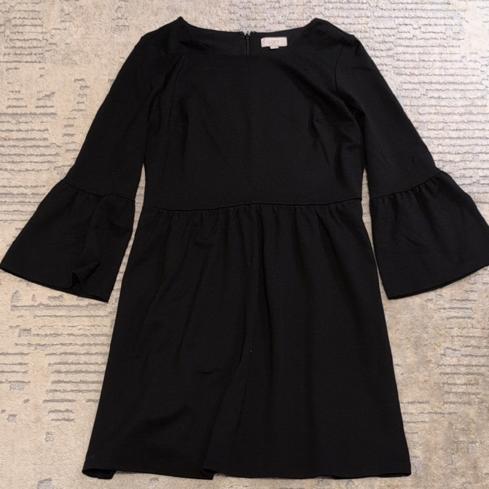 LOFT Black Midi Dress with Bell Sleeves